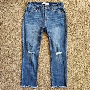 Cabi Womens Cropped High Straight Leg Distressed Blue Denim Jeans Size 4 Stretch